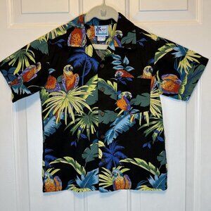 Vintage RJC Parrot Print YOUTH Sz 8 Button Up Hawaiian Tropical Shirt Made USA